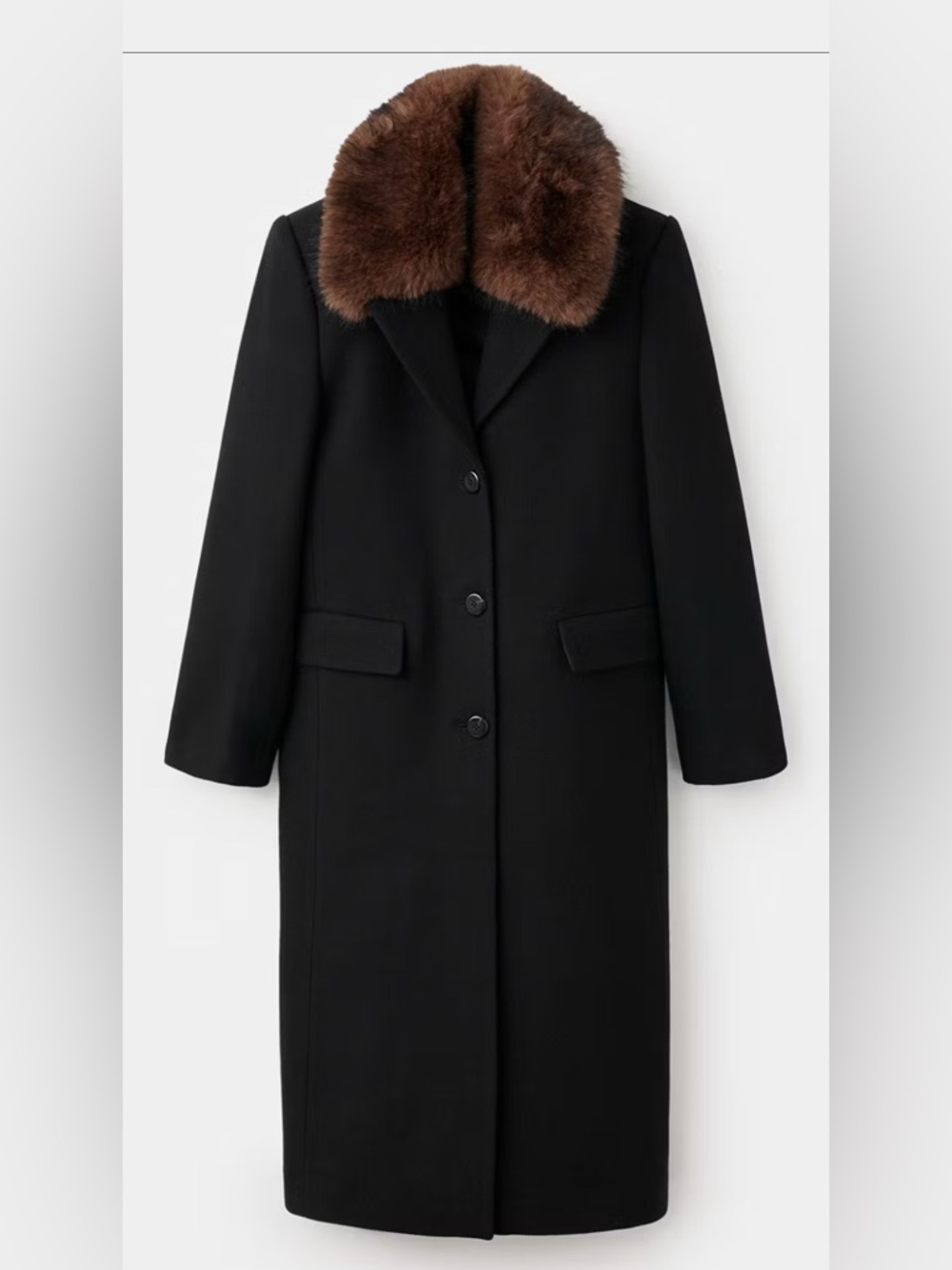 MANGO Black Wool Coat with Brown Fur Collar